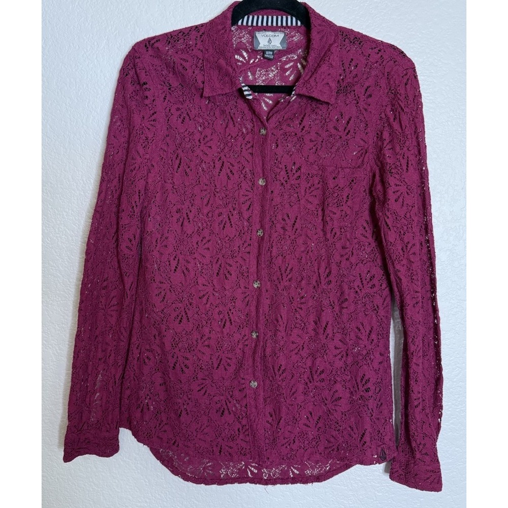 Volcom Womens XS Button Up Burgundy Floral Lace Shirt Boho Chic Western Pocket